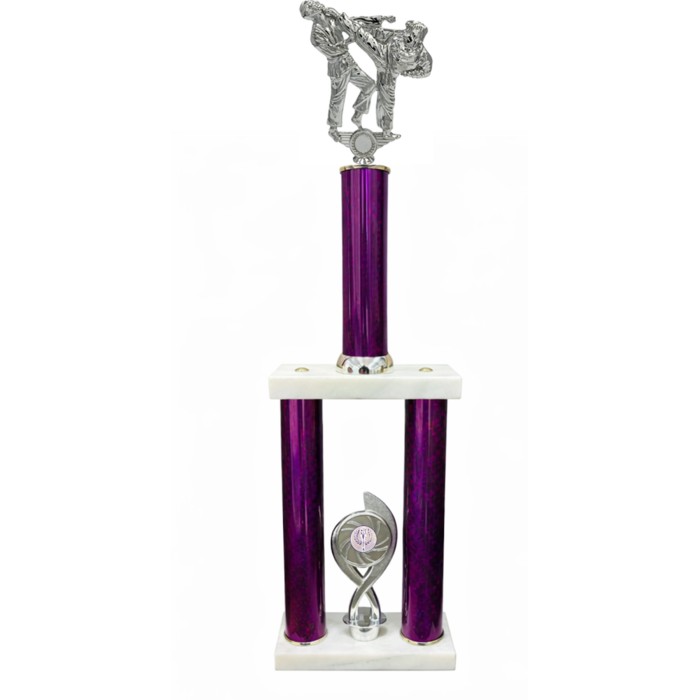 MARTIAL ARTS TOWER TROPHY - AVAILABLE WITH DIFFERENT COLOUR COLUMNS & SILVER METAL PARTS