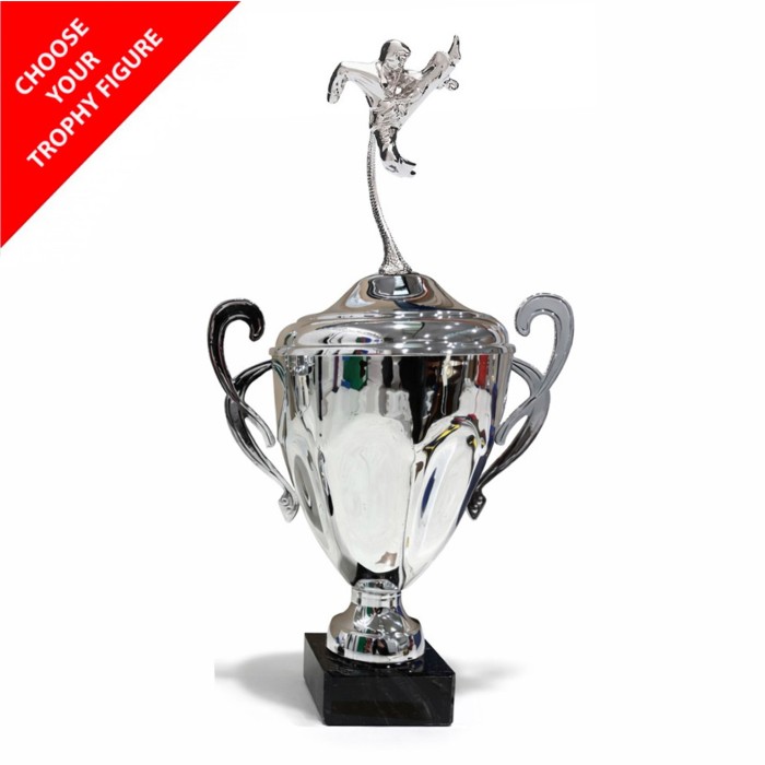  METAL FIGURE TROPHY MOUNTED ON A CONICAL HANDLED CUP  - AVAILABLE IN 3 SIZES