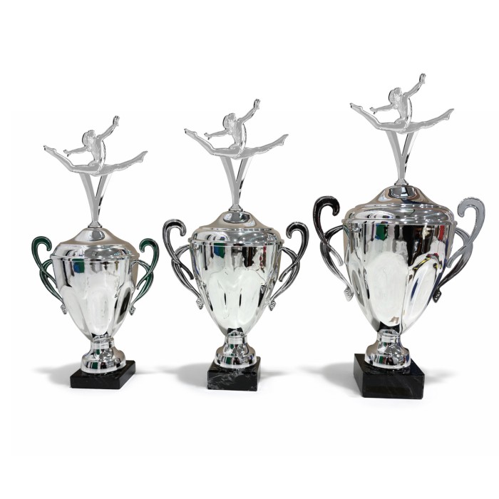 SILVER HANDLED GYMNASTIC CUP WITH GYMNASTIC METAL FIGURE - AVAILABLE IN 3 SIZES