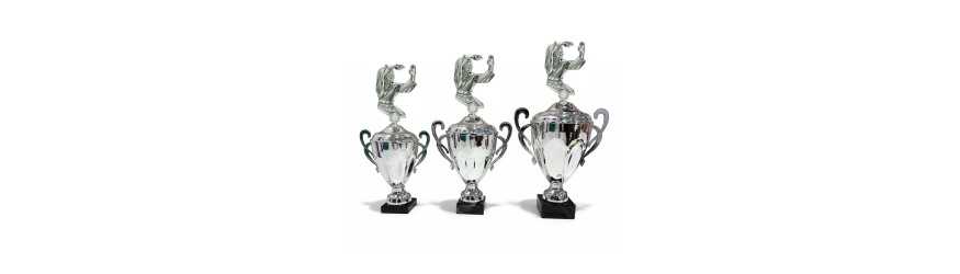 METAL FIGURE TROPHY MOUNTED ON A CONICAL HANDLED CUP - AVAILABLE IN 3 SIZES METAL FIGURE TROPHY MOUNTED ON A CONICAL HANDLED CUP - AVAILABLE IN 3 SIZES
