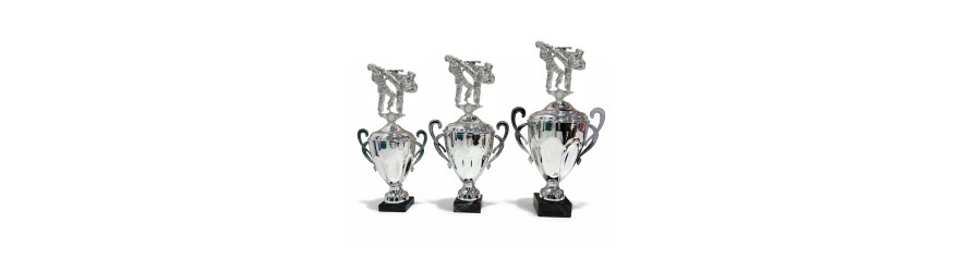 METAL FIGURE TROPHY MOUNTED ON A CONICAL HANDLED CUP - AVAILABLE IN 3 SIZES METAL FIGURE TROPHY MOUNTED ON A CONICAL HANDLED CUP - AVAILABLE IN 3 SIZES