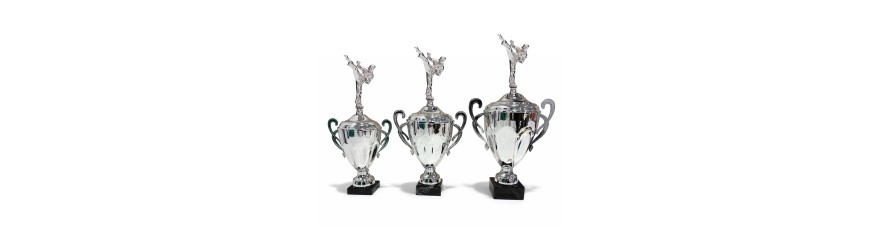 METAL FIGURE TROPHY MOUNTED ON A CONICAL HANDLED CUP - AVAILABLE IN 3 SIZES METAL FIGURE TROPHY MOUNTED ON A CONICAL HANDLED CUP - AVAILABLE IN 3 SIZES