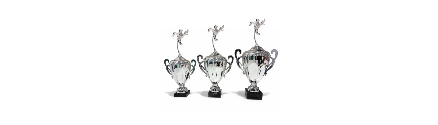 METAL FIGURE TROPHY MOUNTED ON A CONICAL HANDLED CUP - AVAILABLE IN 3 SIZES METAL FIGURE TROPHY MOUNTED ON A CONICAL HANDLED CUP - AVAILABLE IN 3 SIZES