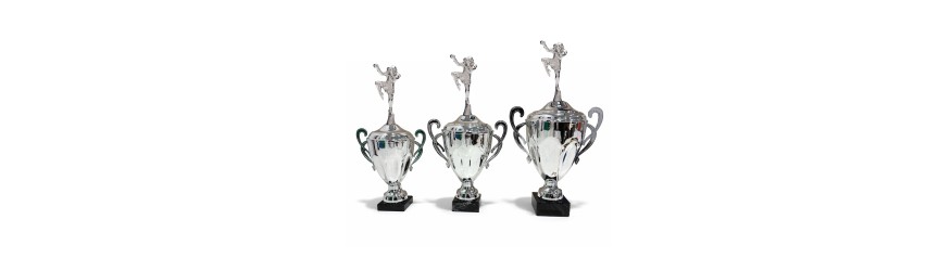 METAL FIGURE TROPHY MOUNTED ON A CONICAL HANDLED CUP - AVAILABLE IN 3 SIZES METAL FIGURE TROPHY MOUNTED ON A CONICAL HANDLED CUP - AVAILABLE IN 3 SIZES