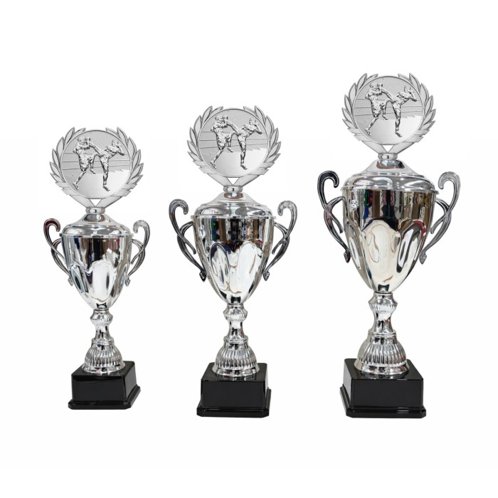  METAL CENTRE TROPHY MOUNTED ON A CONICAL HANDLED CUP  - AVAILABLE IN 3 SIZES