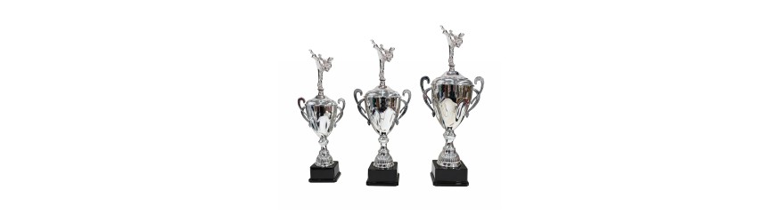 METAL FIGURE TROPHY MOUNTED ON A CONICAL HANDLED CUP - AVAILABLE IN 3 SIZES METAL FIGURE TROPHY MOUNTED ON A CONICAL HANDLED CUP - AVAILABLE IN 3 SIZES