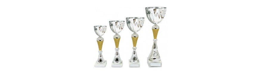 SILVER METAL CUP ON SCULPTED COLOURED RISER AVAILABLE IN 4 SIZES