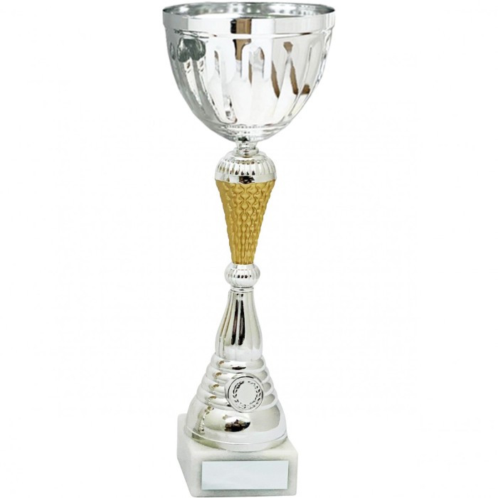 SILVER METAL CUP ON SCULPTED COLOURED RISER AVAILABLE IN 4 SIZES
