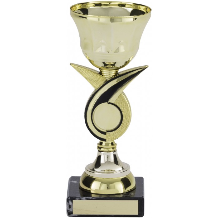GOLD METAL TROPHY CUP ON BLACK & GOLD SWIRL RISER AVAILABLE IN 4 SIZES