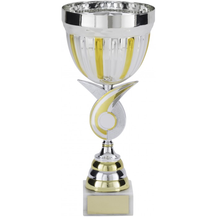 SILVER/GOLD METAL TROPHY CUP ON SILVER/GOLD SWIRL RISER AVAILABLE IN 4 SIZES