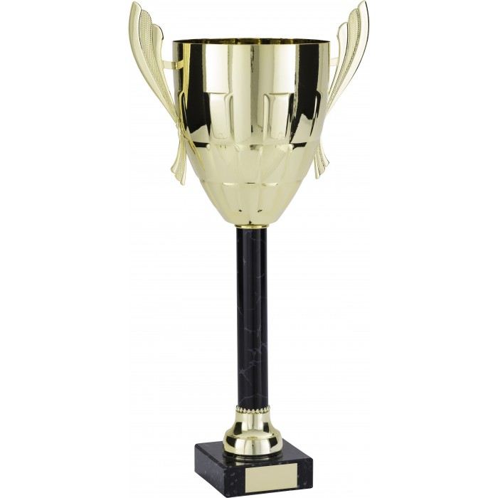 GOLD HANDLED TROPHY CUP ON BLACK COLUMN AVAILABLE IN 5 SIZES
