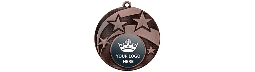 PACK OF 100 BULK BUY 50MM 'STAR' GOLD, SILVER OR BRONZE MEDALS, RIBBON AND CUSTOM LOGO **AMAZING VALUE**