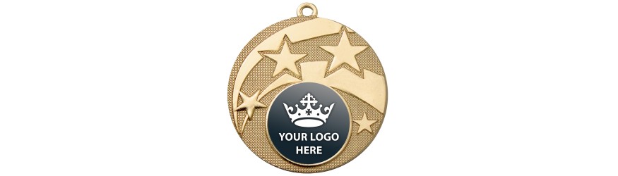 PACK OF 100 BULK BUY 50MM 'STAR' GOLD, SILVER OR BRONZE MEDALS, RIBBON AND CUSTOM LOGO **AMAZING VALUE**