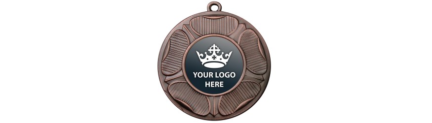 PACK OF 100 BULK BUY 50MM 'TUDOR ROSE' GOLD, SILVER OR BRONZE MEDALS, RIBBON AND CUSTOM LOGO **AMAZING VALUE**