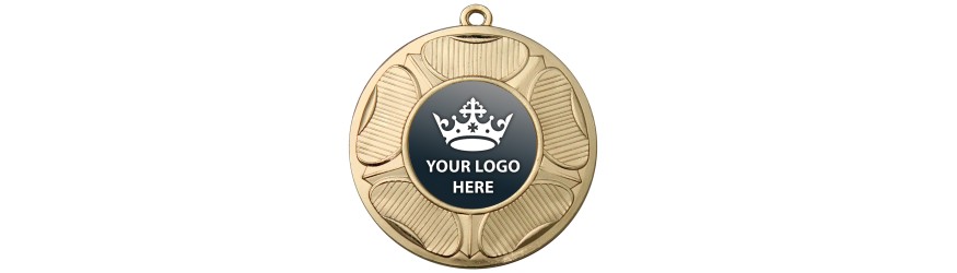 PACK OF 100 BULK BUY 50MM 'TUDOR ROSE' GOLD, SILVER OR BRONZE MEDALS, RIBBON AND CUSTOM LOGO **AMAZING VALUE**