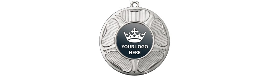 PACK OF 100 BULK BUY 50MM 'TUDOR ROSE' GOLD, SILVER OR BRONZE MEDALS, RIBBON AND CUSTOM LOGO **AMAZING VALUE**