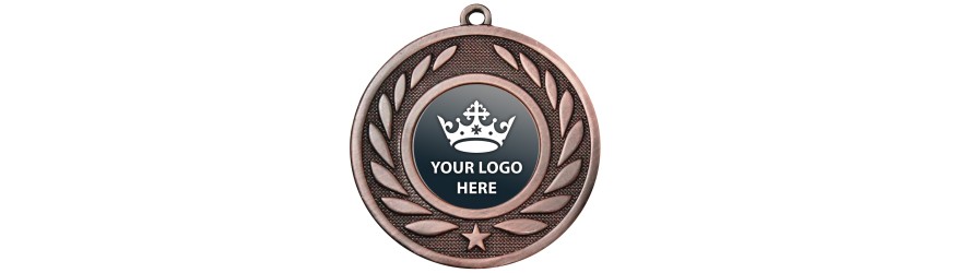 PACK OF 100 BULK BUY 50MM 'WREATH' GOLD, SILVER OR BRONZE MEDALS, RIBBON AND CUSTOM LOGO **AMAZING VALUE**