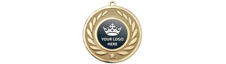 PACK OF 100 BULK BUY 50MM 'WREATH' GOLD, SILVER OR BRONZE MEDALS, RIBBON AND CUSTOM LOGO **AMAZING VALUE**