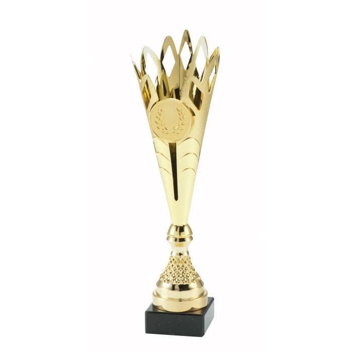 GOLD CONICAL CROWN PLASTIC TROPHY CUP - WITH CHOICE OF SPORTS CENTRE