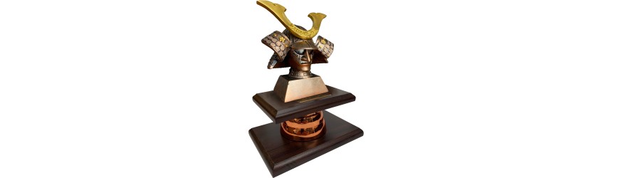 RESIN SAMURAI TROPHY MOUNTED ON WOOD VENEER BASE 9'' RESIN SAMURAI TROPHY MOUNTED ON WOOD VENEER BASE 9''