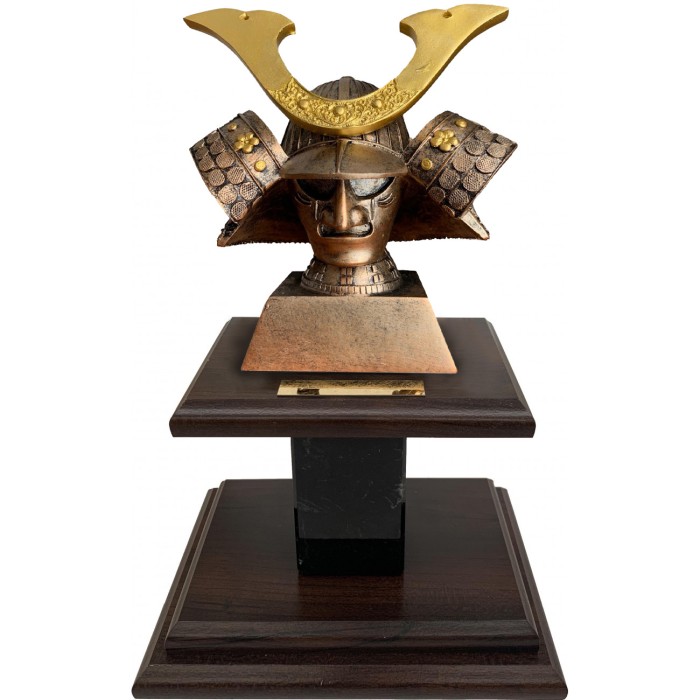 RESIN SAMURAI TROPHY MOUNTED ON WOOD VENEER BASE 13''